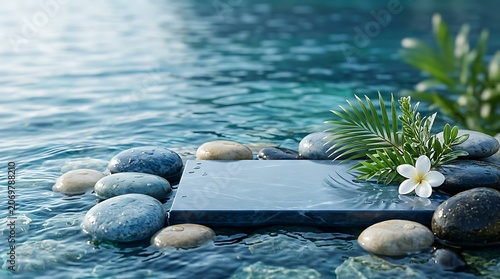 Empty stone platform for product display with zen spa stones and tropical leaves in calm blue water for natural background