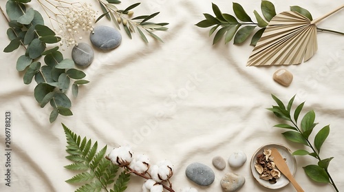 Blank paper card with green tropical leaves and spa stones for a natural organic presentation mock up