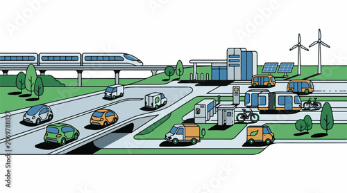 A futuristic transportation hub with electric vehicles and a monorail Green space surrounds the scene