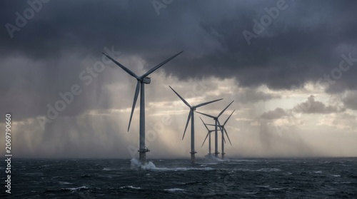 Offshore Wind Farm Under Stormy Skies: A row of imposing wind turbines stands resilient against the turbulent sea, silhouetted against dramatic, rain-streaked clouds.