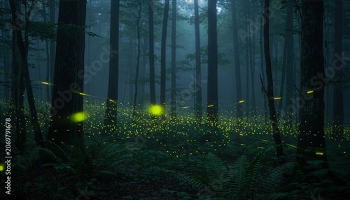 Fireflies glowing in misty dark forest with ferns at night
