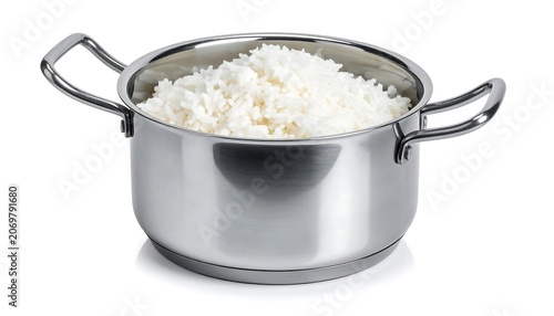 A stainless steel pot is filled to the brim with fluffy, cooked, white grains, appearing light, airy and delicious