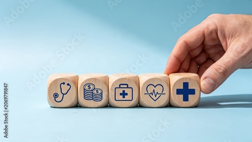 Hand turning wooden cubes with healthcare icons like stethoscope, money and medical cross, symbolizing health insurance costs