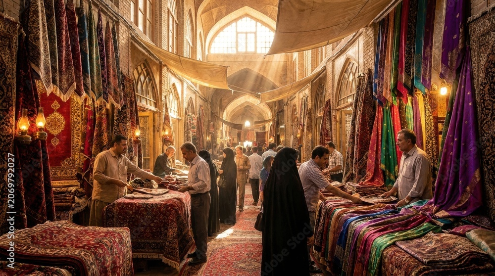 Obraz premium Bustling Bazaar of Textiles: A vibrant marketplace filled with traditional textiles and carpets, where merchants and shoppers engage in commerce under arched ceilings, illuminated by soft.