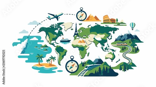 A colorful illustration of a world map with various travel-related icons