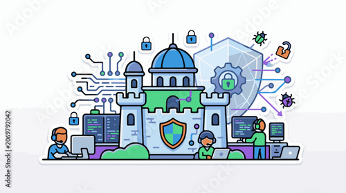 A cartoon castle with a shield on its front and people working on computers around it
