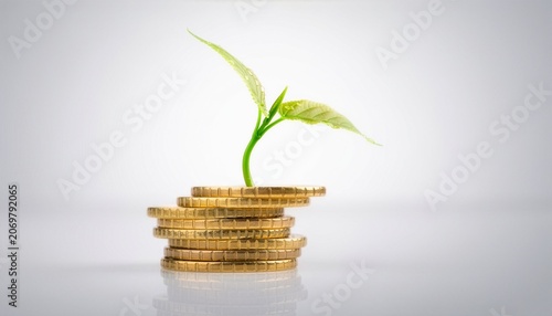 Green plant seedling growing from stacked gold coins on white background