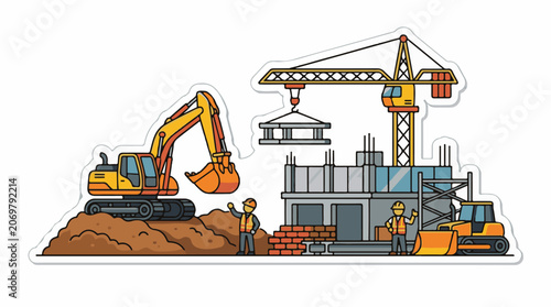 Construction site with heavy machinery workers.