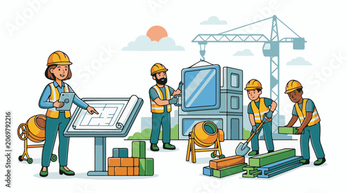 Construction workers building with crane.