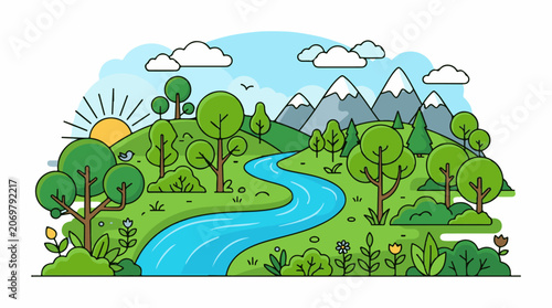 Serene landscape with river and trees.