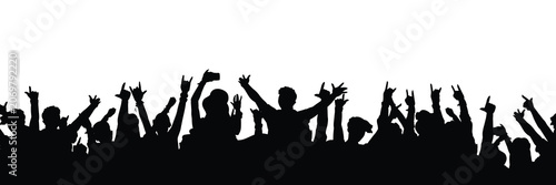 Fotografie Energetic black silhouette of a lively concert crowd or music festival audience with their hands up, waving, making rock horns signs, and cheering against a clean white background