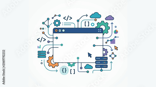 A vibrant digital illustration depicting a web browser window surrounded by various colorful icons and symbols represent