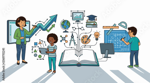 A colorful illustration of three students engaged in learning with various educational tools