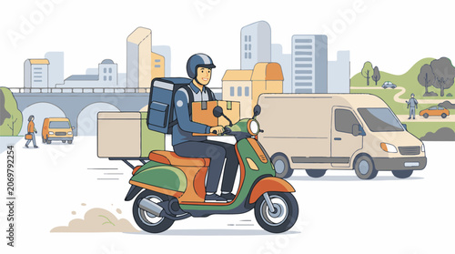 A delivery person on a scooter rides through a city