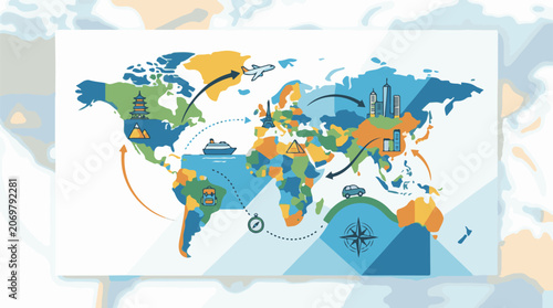 Colorful world map with transportation modes and landmarks