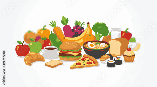 A colorful illustration of various food items arranged on a white background (2)