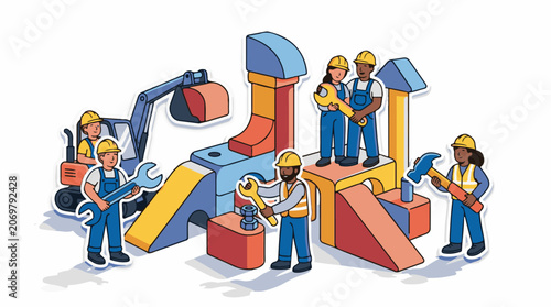 Construction workers building with blocks.