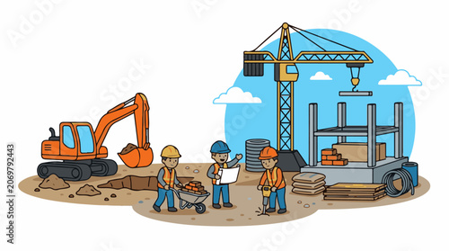 Construction workers at a building site.