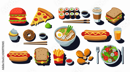 A colorful illustration of various fast food items and dishes