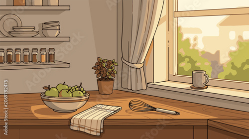 Kitchen Counter with Fresh Fruit Bowl.