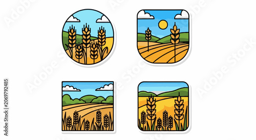 Four cartoon wheat field scenes