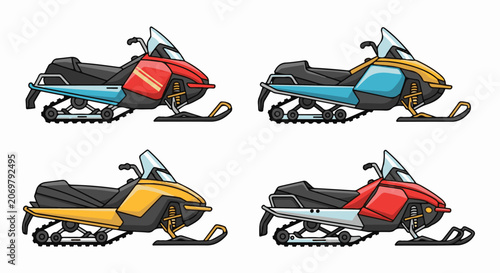 Four Snowmobiles in Different Colors Side View.