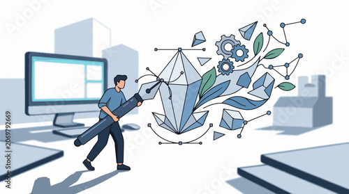 A man uses a giant pencil to create a geometric crystal surrounded by leaves and technology