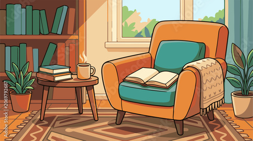 Cozy living room with armchair books.