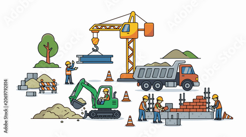 Construction site with workers and machines.