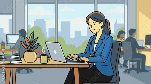 Woman working on laptop at office desk.