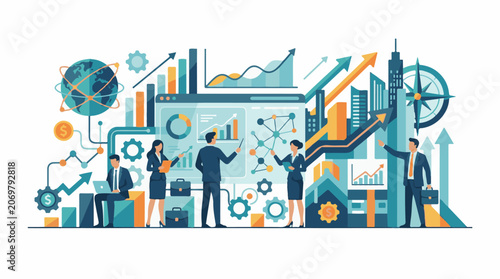 A stylized illustration of business professionals analyzing data and graphs