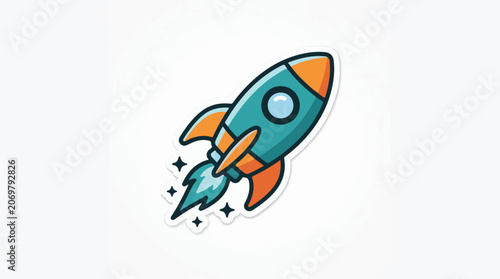 A cartoon-style rocket ship with teal and orange colors and stars