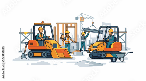 Construction workers with heavy machinery equipment.