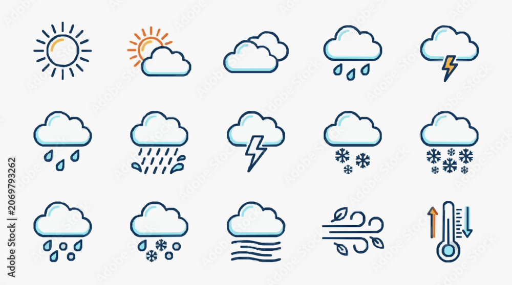 Obraz premium Corporate Weather Icons Set Minimalist Line Art Illustrations of Sunny Cloudy Stormy Snowy and Windy Conditions in Blue and Orange