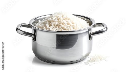 A stainless steel pot is filled with a large amount of fluffy, cooked white grains. Some grains spill out beside the pot