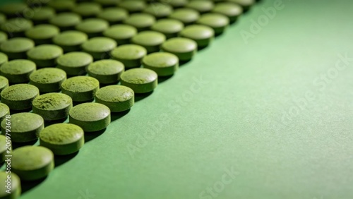 Herbal remedy pills with natural green dye in organized disp