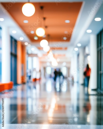 Blurred image of a modern, brightly lit hallway with hanging globe lights and indistinct people walking in the distance.