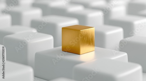 Standing Out in the Crowd: A solitary golden cube stands proudly on top of its white counterparts, symbolizing uniqueness and prominence amidst uniformity.