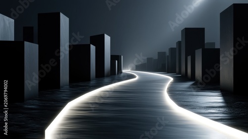 Mysterious Cityscape at Night: A surreal, dimly lit cityscape unfolds with stark geometric buildings lining a glowing, winding road, creating an atmosphere of mystery and advanced technology.