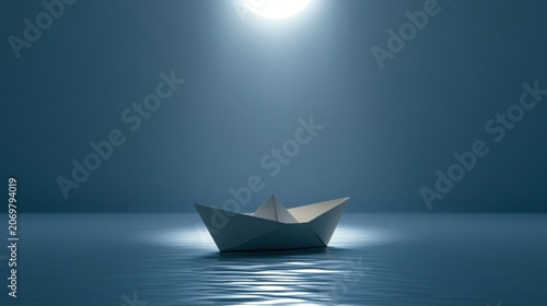 Solitary Voyage: A lone paper boat drifts on calm water, illuminated by a soft beam of light from above, evoking a sense of quiet journey and contemplation.