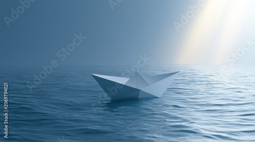 Paper boat on tranquil sea: A solitary white paper boat floats on the calm, blue ocean, bathed in a soft ray of sunlight piercing through the mist, symbolizing a journey of hope and resilience.