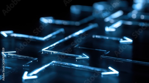 Abstract Digital Arrows: A dynamic composition of glowing blue arrows scattered across a dark, reflective surface, symbolizing direction, choice, and digital pathways.