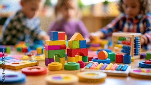 Childhood Creativity Unleashed: A vibrant tableau of colorful building blocks and educational toys scattered across a table.