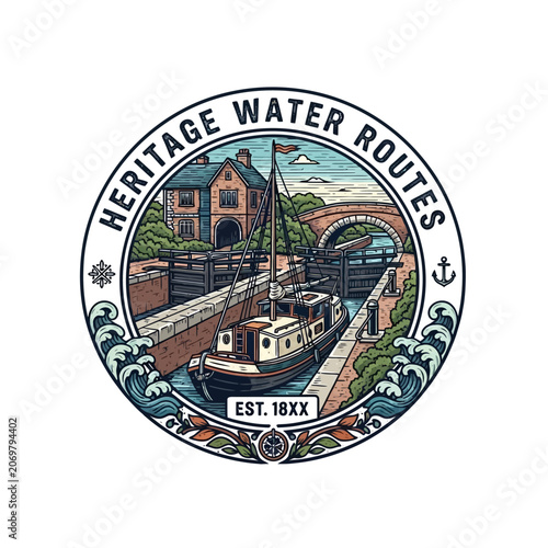 Fotografía Heritage Water Routes circular badge featuring canal boat and bridge