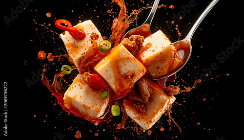 Spicy Tofu Stir-Fry with Chili Peppers and Fork
