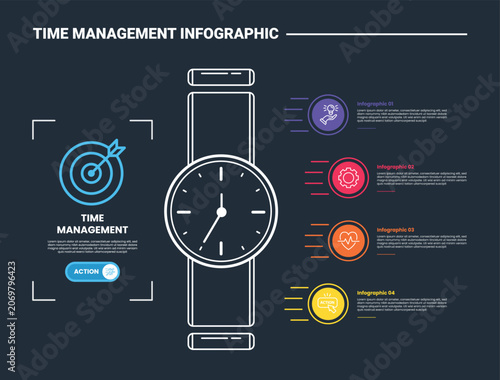 Time management infographic process diagram with standing wristwatch with circle badge and fast icon sign moving with dark background bright outline style 4 points