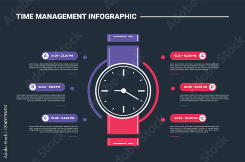 Time management infographic process diagram with centralized wrist watch opposite content comparison on rectangle badge with dark background bright outline style 6 points