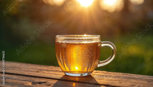 Glass cup of tea with warm sunlight in a garden