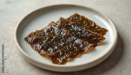 A thin sheet of salty nori seaweed, spread out flat on a simple white ceramic plate.