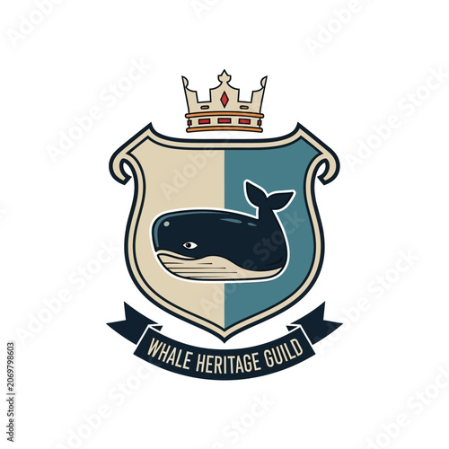 Obraz na plátne Nautical whale heritage guild crest with crown and shield.